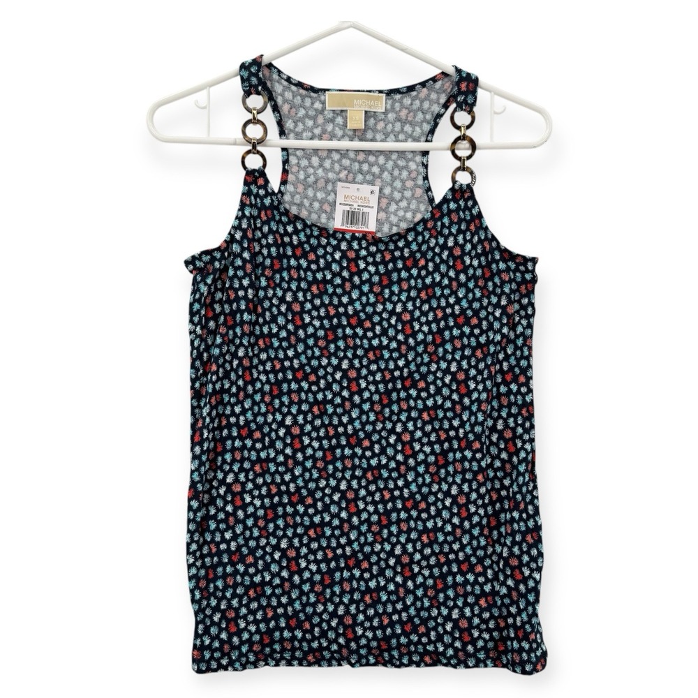 Michael Kors Chain Link Strap Tank Top Womens XS Blue Floral Print MU250R56EA